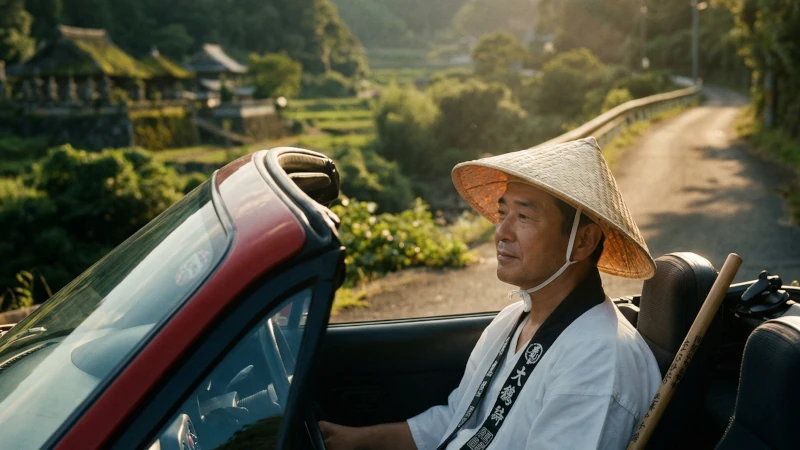 赤いオープンカーに菅笠を被った男性が乗っている様子を横から捉えたイメージ画像。背景の風景が広く見え、独特の巡礼スタイルが伝わる