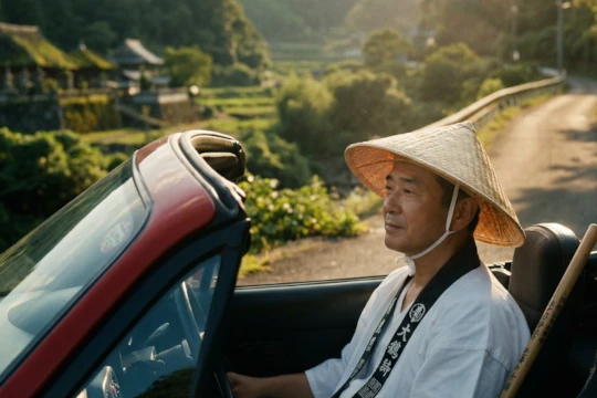 赤いオープンカーの横に座るように見える菅笠を被った男性を写したイメージ画像