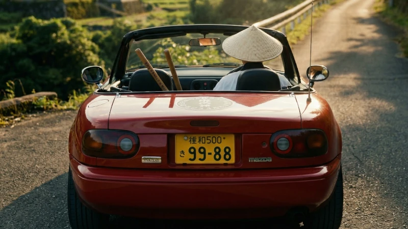 赤いオープンカーに菅笠を被った男性が乗り、巡礼の道を進んでいる様子を写したイメージ画像。車と周囲の風景が広く見え、独特の巡礼スタイルが伝わる