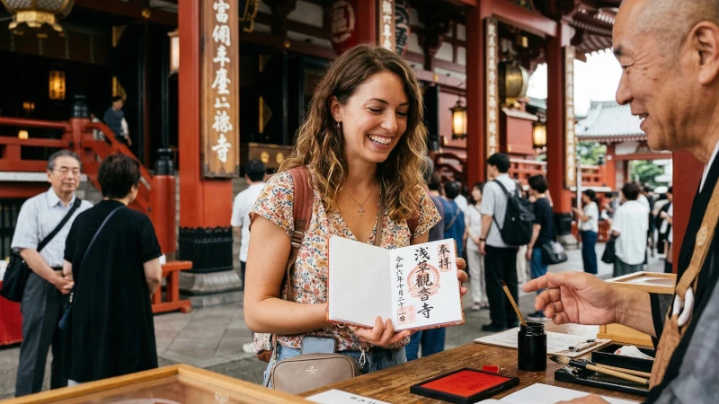 坂東札所13番・金龍山浅草寺の本堂で、朱印帳に御朱印をいただい時に【幸せないい顔】をしている外国人を表現したイラスト
