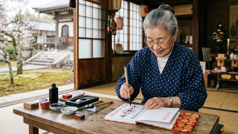 秩父札所では住職ではなく地元の人が交代で札所を守り、代々御朱印を書いてきたことを説明するイラスト。机に向かっておばあちゃんが御朱印を書いている様子が描かれている