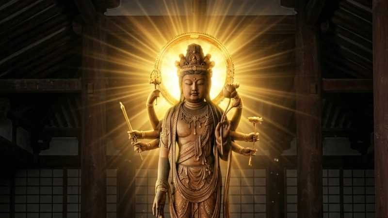 秩父札所の堂内に安置された秘仏をイメージした画像。仏像が柔らかな光に包まれて輝き、薄暗い堂内に神秘的な雰囲気が広がっている
