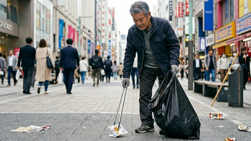 巡礼者が白衣を脱ぎ、街中でゴミを拾っている様子を示すイメージ画像。歩道でゴミを拾う姿が描かれ、巡礼の心を日常の行動に生かしている雰囲気が伝わる