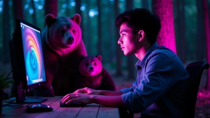 秩父の森の中でアプリを作る男性とそれを見る熊のイメージ画像