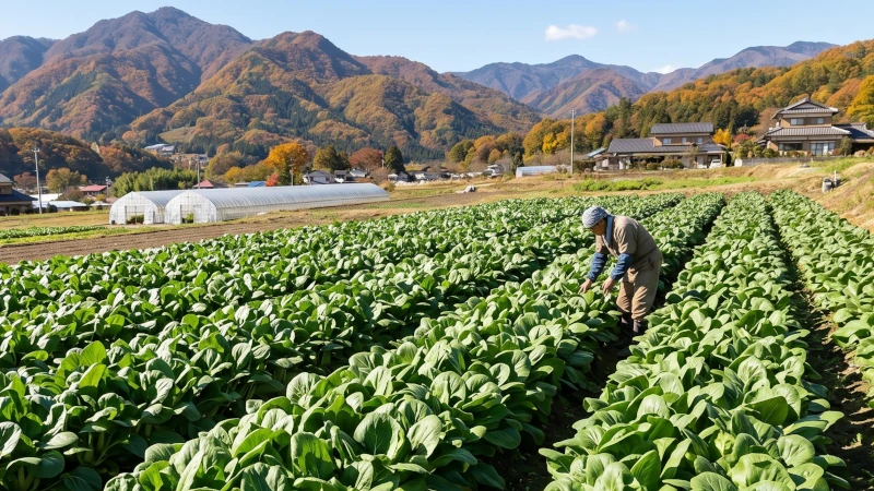 秩父の郷土食・しゃくし菜（杓子菜）の畑をイメージしたもの。青空と山を背景に、里山の畑が広がり、のどかな風景の中でしゃくし菜が育つ様子が伝わる一枚