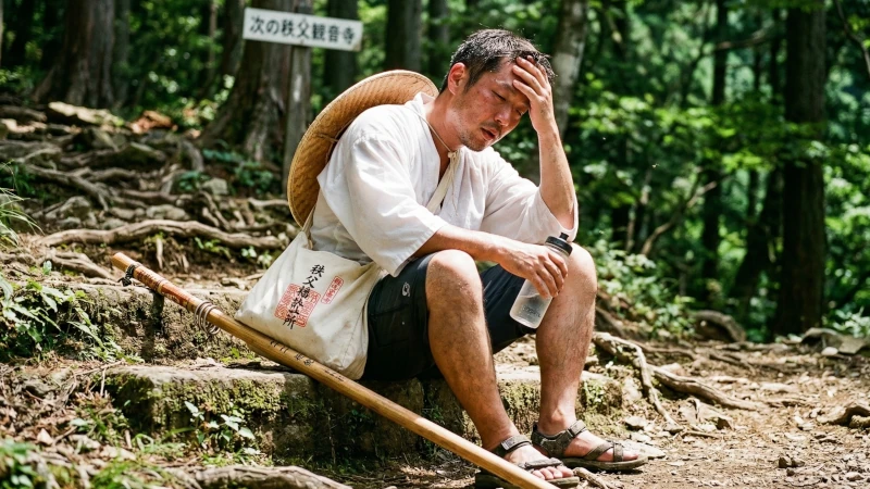 2011年の夏、塩を舐めながら秩父札所を徒歩巡礼していた途中、疲れ切って休憩している様子を示すイメージ画像。炎天下の巡礼道で一息つく姿が描かれている