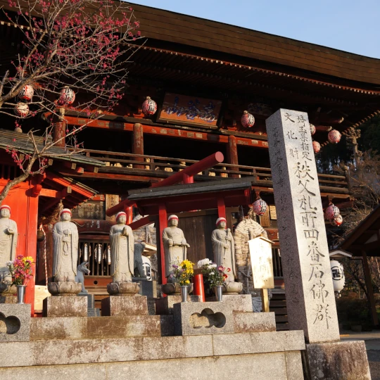 秩父札所第4番・高谷山金昌寺の仁王門前に立つ地蔵尊を近くで撮影したもの。秩父札所第4番の静かな参道の佇まい