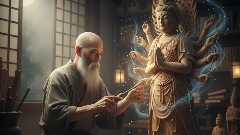 秩父札所の観音像は古の名僧が彫刻したことを説明するためのイラスト