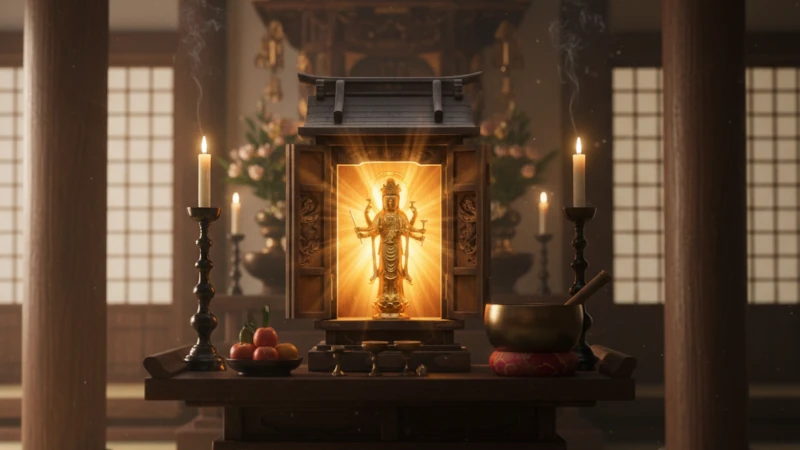 堂内の秘仏が公開された厨子を説明するためのイラスト